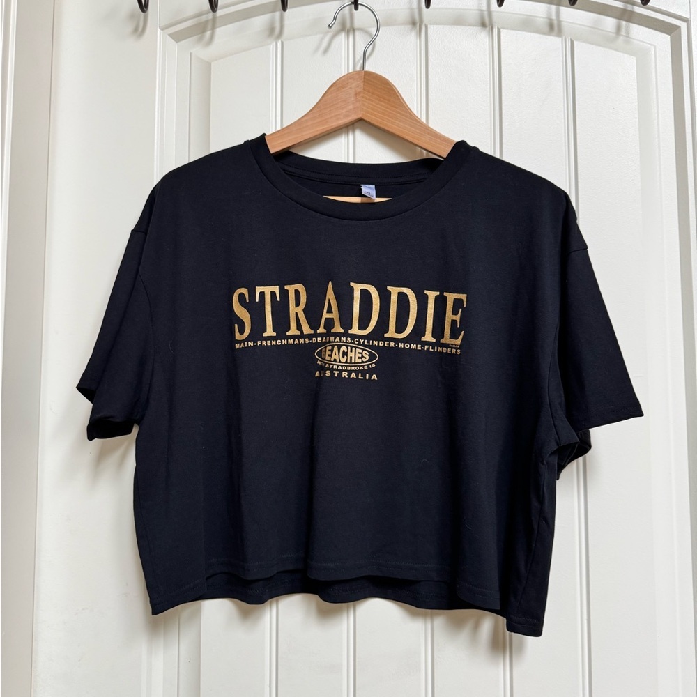 Black Short Sleeve Cotton Crop Top from Stradbroke Island, Queensland, AU. XL